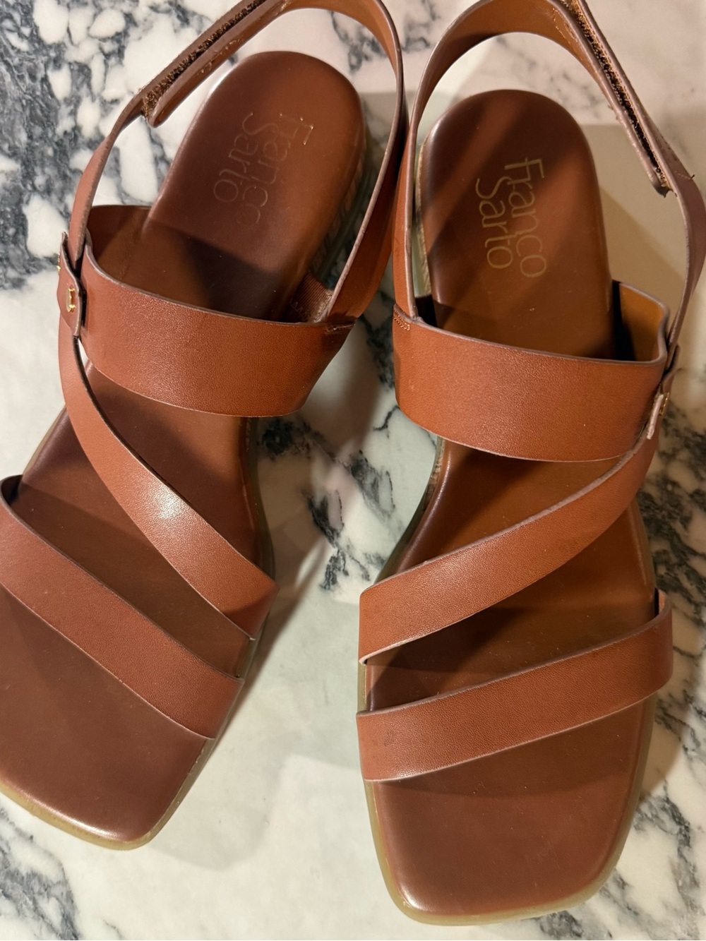Franco Sarto Enrica Tan Leather Strappy Flat Sandals Square Toe Ankle Strap 10M